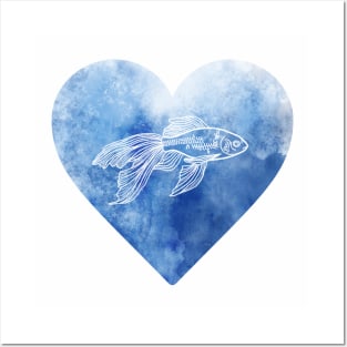 Fish in blue heart Posters and Art